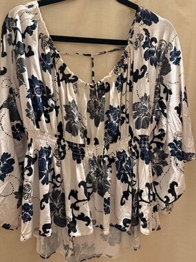 Free People White Peasant Tunic with Navy and Black Floral Print